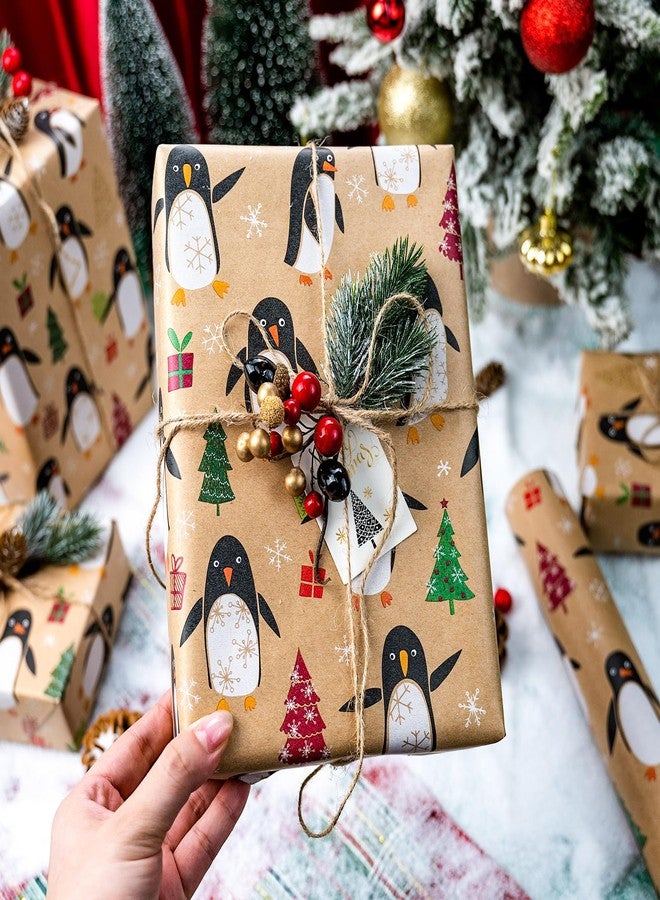 MAYPLUSS Christmas Wrapping Paper Roll - 17IN X 33FT - Kraft Gift Wrapping Paper Featuring Cute Penguin Christmas Tree Snowflake Reversible Cut Lines for Kids, Holiday, New Year - Image 3